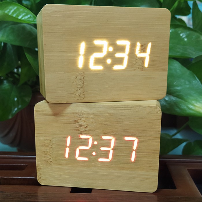 Mini Modern Desk Digital Bamboo Alarm Clock Temperature