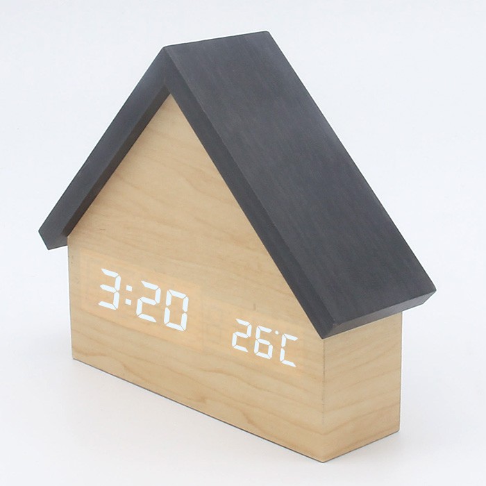China clock factory supply house shape wooden led alarm clock