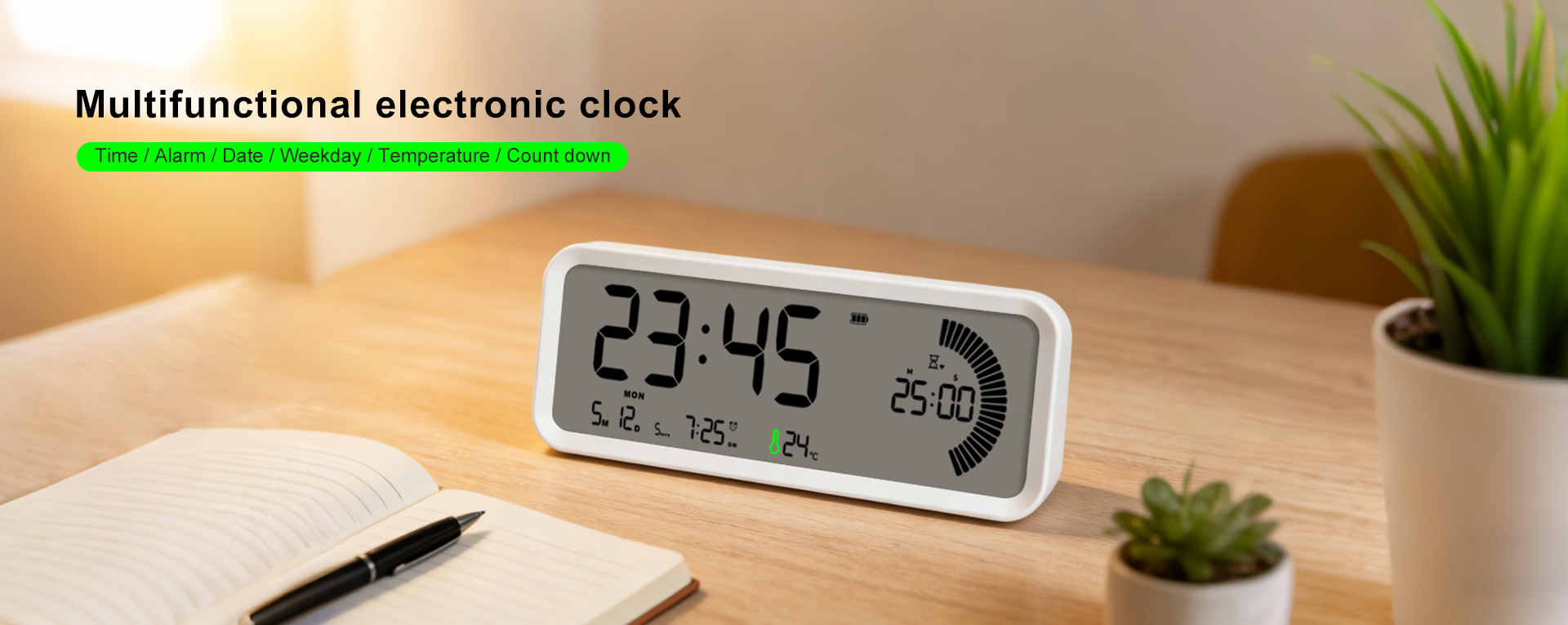 Multifunctional LCD alarm clock with timer