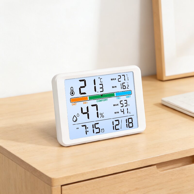 customized multifunctional lcd alarm clock back light hygrothermograph temperature and humidity