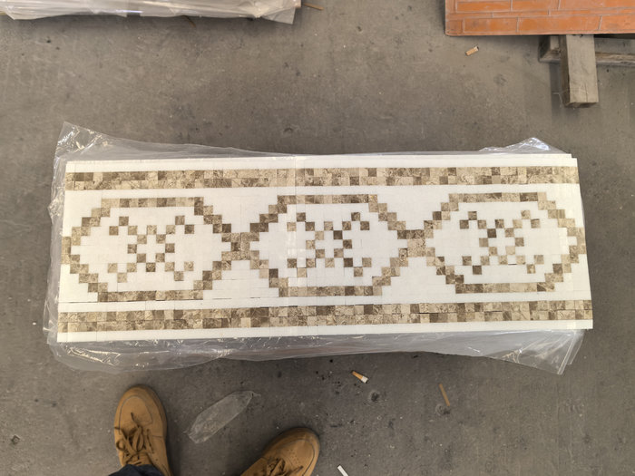 Greek Thassos & Spanish Emperador Light Border Mosaic | Luxury Marble Chair Rail for Villas Greek Thassos & Spanish Emperador Light Border Mosaic | Luxury Marble Chair Rail for Villas