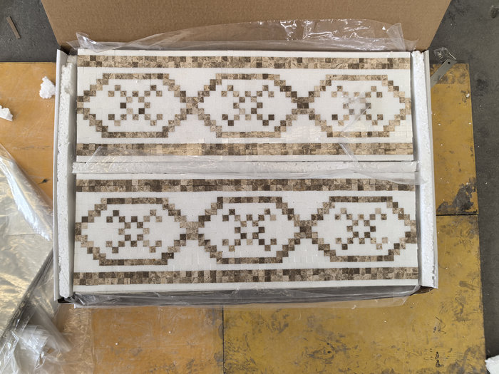 Greek Thassos & Spanish Emperador Light Border Mosaic | Luxury Marble Chair Rail for Villas Greek Thassos & Spanish Emperador Light Border Mosaic | Luxury Marble Chair Rail for Villas