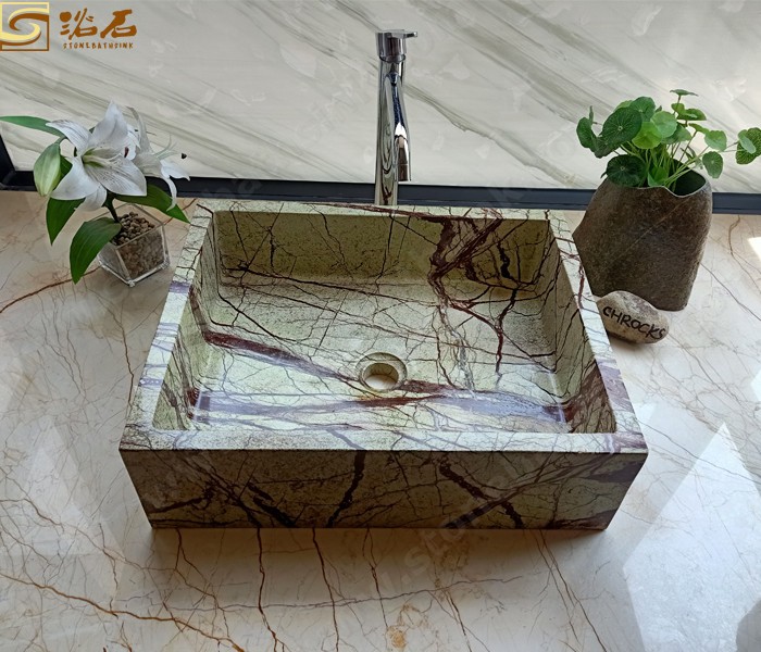 Green Rainforest Marble Bathroom Basin Rectangular Vessel Sink