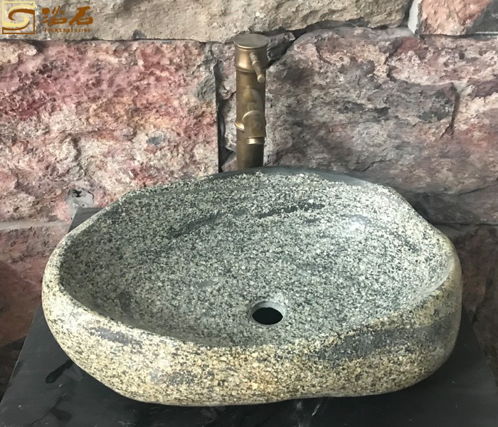 Lavabo de baño de piedra de adoquín de río gris