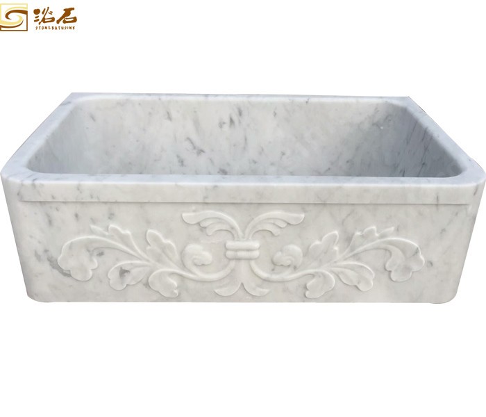 Carrara White Marble Farmhouse Sink With Carving
