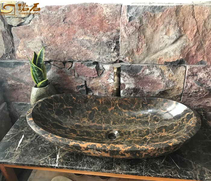 Pia de banheiro em mármore com flor dourada chinesa