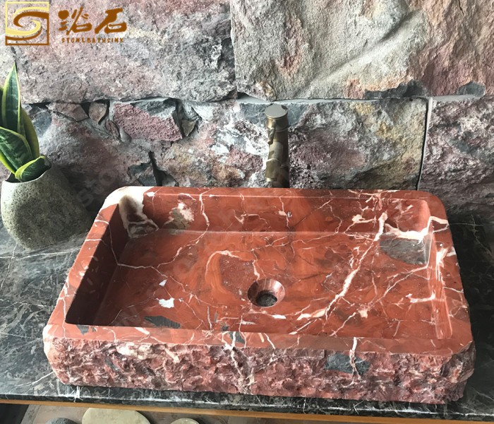 Lavabo de salle de bain en marbre rouge d'Alicante de Chine