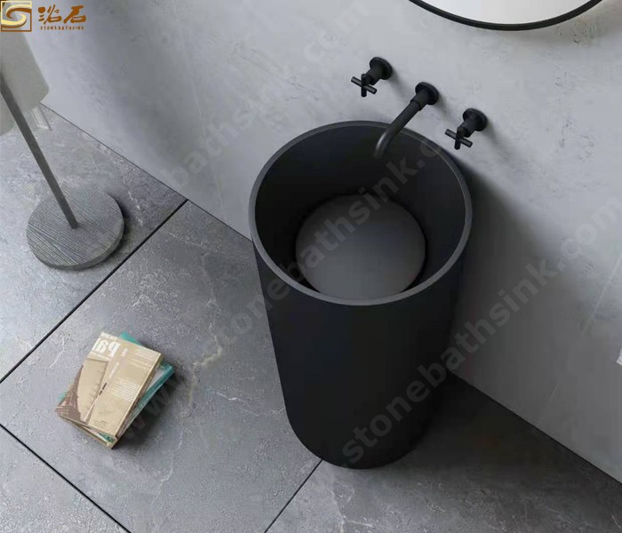 Black Solid Surface Resin Stone Pedestal Sink