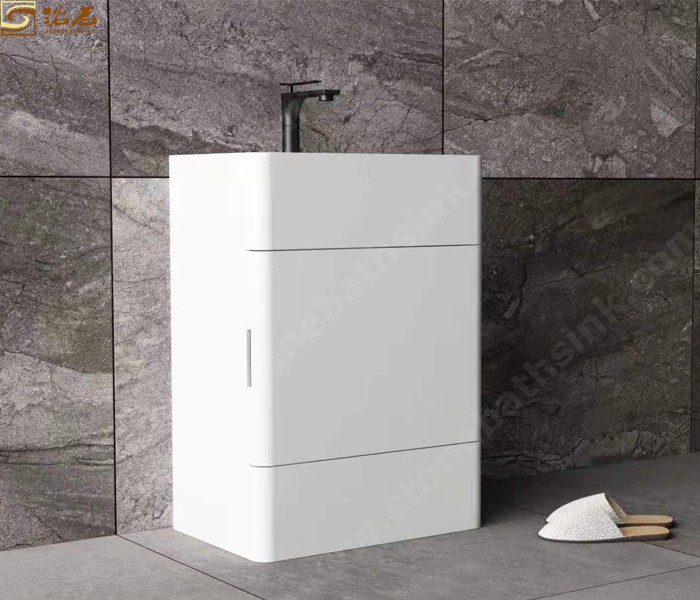 White Solid Surface Stone Pedestal Sink with Drawer Cabinet