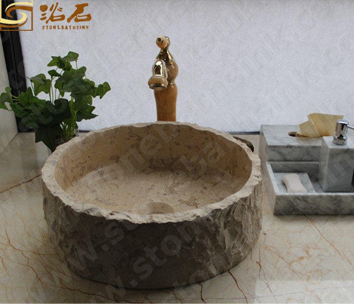 China Beige limestone Marble Round Sink with Split