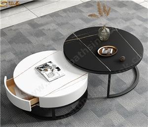 Mesa de comedor redonda de piedra sinterizada en blanco y negro