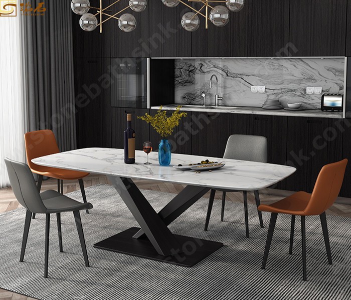 Modern Rectangle Dining Table Metal Leg Sintered Stone Faux Marble Top Dining Table