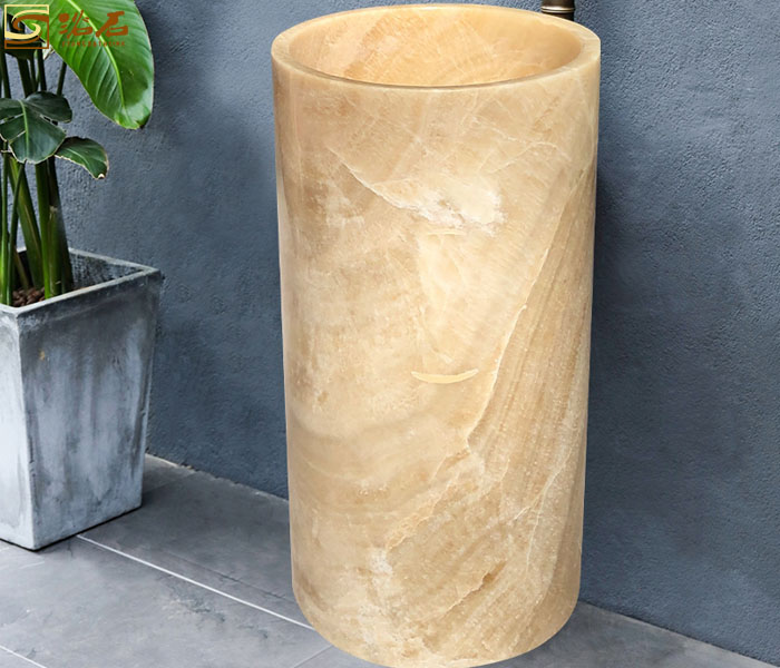 China Honey Onyx Pedestal Sink, Orange Onyx Free Standing Round Basin