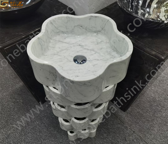 Italy Carrara White Marble Flower Design Pedestal Sink