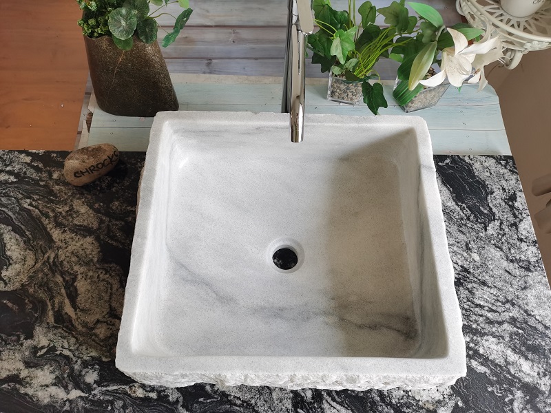 Premium Snow White Marble Square Vessel Sink Exquisite Design Cleft Finish Exterior, Polished Interior
