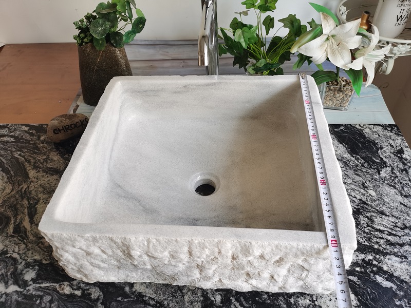 Premium Snow White Marble Square Vessel Sink Exquisite Design Cleft Finish Exterior, Polished Interior