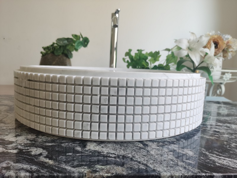 White Carrara Marble Stone Washbasin -Circle Mosaic Cutting Bathroom Sink