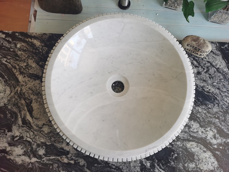 White Carrara Marble Stone Washbasin -Circle Mosaic Cutting Bathroom Sink