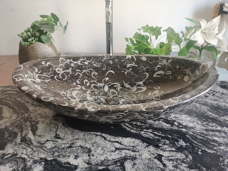 Black Fossil Stone Marble Washbasin,Nature Stone Bath Sink