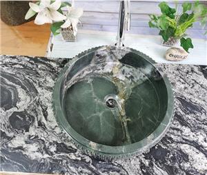 Fregadero del recipiente del cuarto de baño de piedra de araña verde de piedra de cuarcita con diseño de ranuras