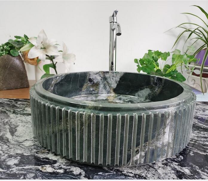 Quartzite Stone Green Spider Stone Bathroom Vessel Sink With Slots Design