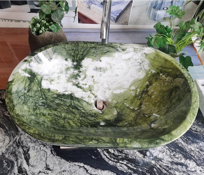 Évier ovale en pierre verte Dandong pour lavabo en marbre de dessus de salle de bain