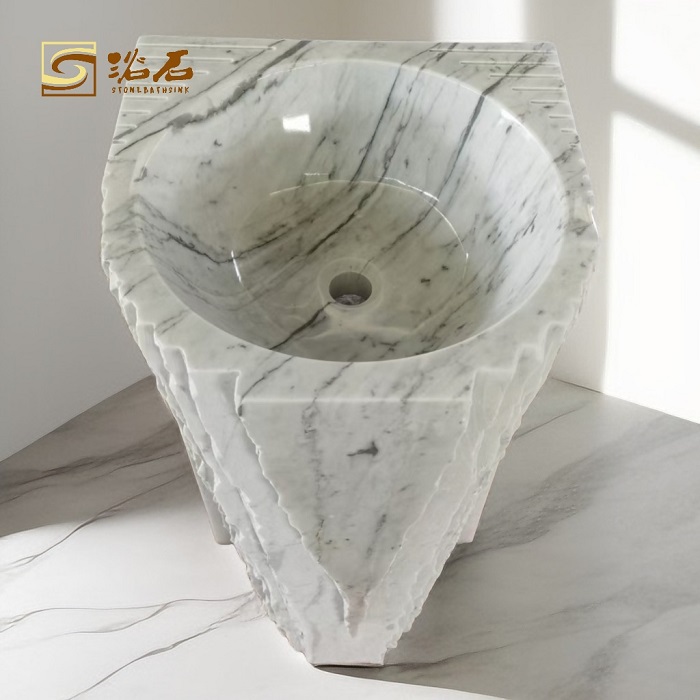 Lavabo independiente cincelado de mármol blanco Calacatta dividido