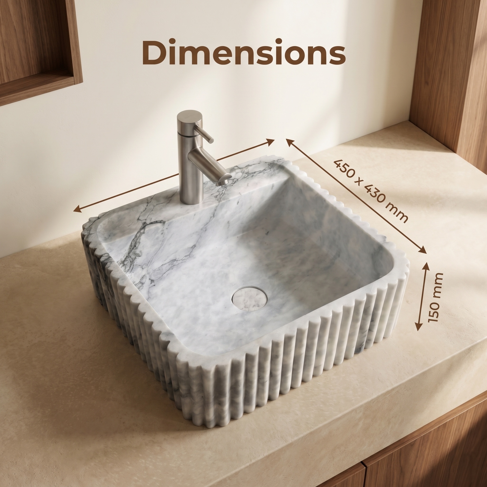 Carrara White Marble Rectangular Sink With Fluted Design