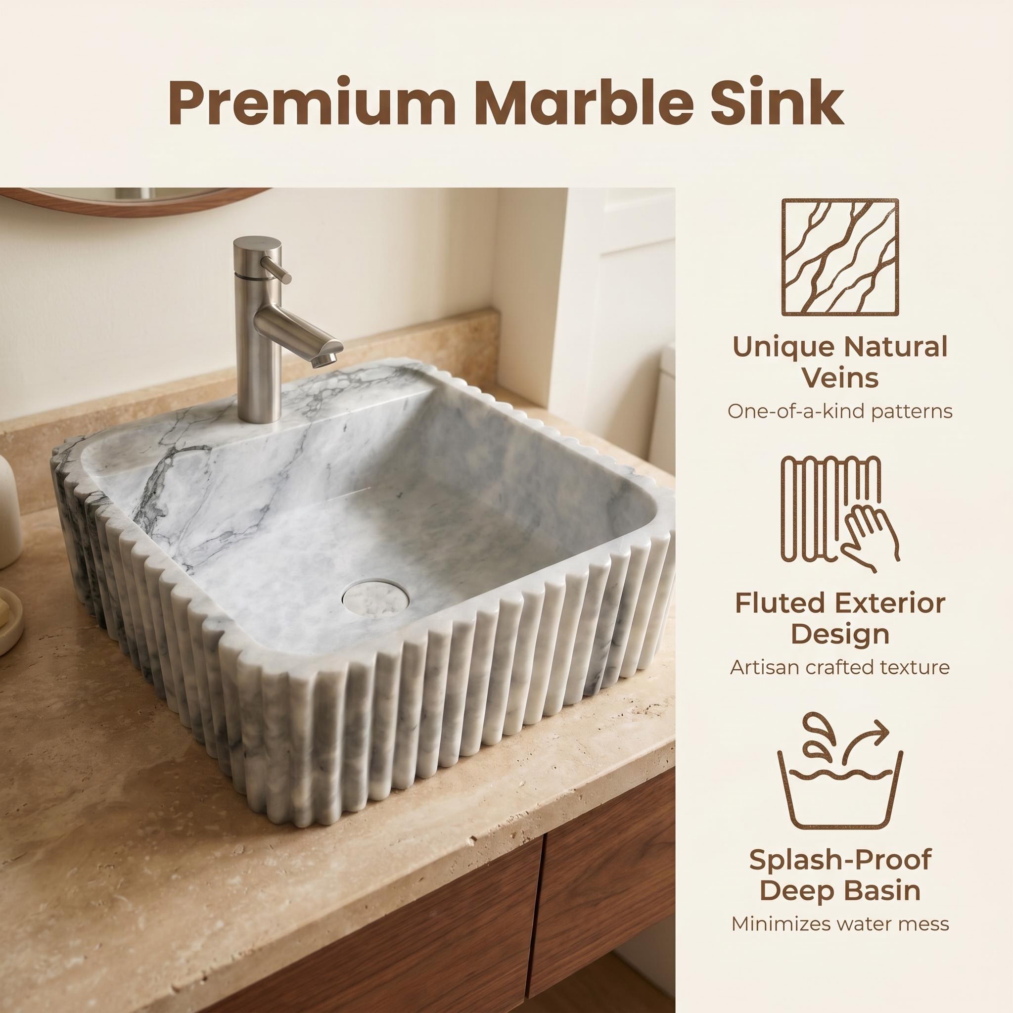 Carrara White Marble Rectangular Sink With Fluted Design