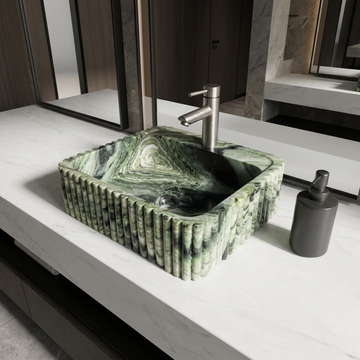 Sangarila Green Alpi Verde marmeren wastafel met gegroefd design