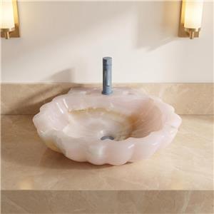 Natuurlijke roze onyx schelp wastafel, gepolijst, doorschijnend, kunstzinnig aanrechtblad.