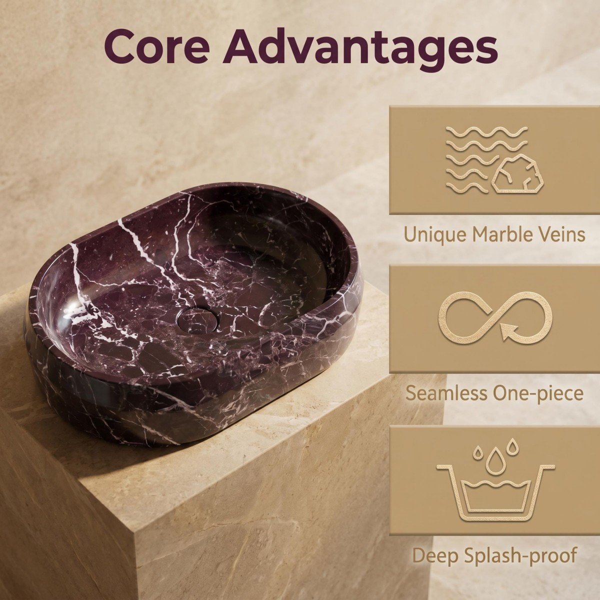 Natural Rosso Levanto Marble Oval Sink