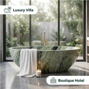 Premium-Ovalbadewanne aus echtem Alpi Verde Marmor, gefertigt aus echtem Naturmarmor.