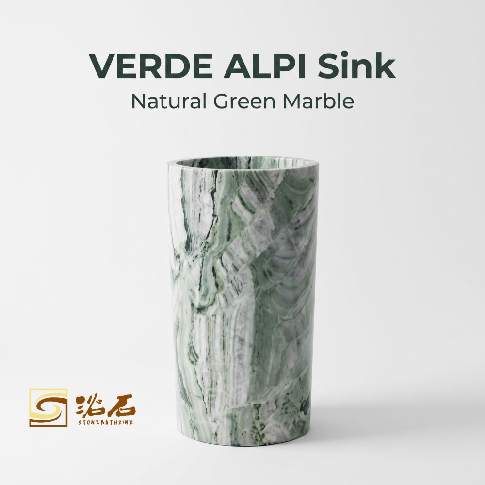 Verde Alpi Natural Emerald Green Marble Freestanding Pedestal Sink,