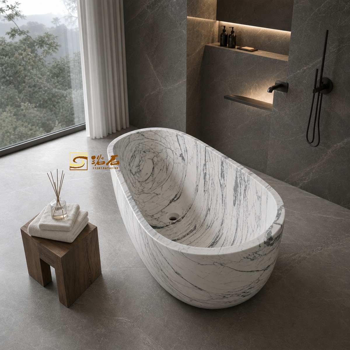 Baignoire îlot intégrée en marbre blanc naturel