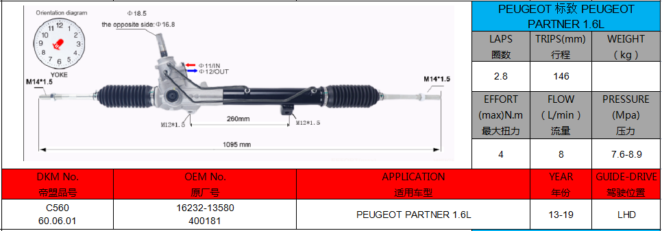 16232-13580 PEUGEOT PARTNER 1.6L LHD Hydraulic Power Steering Rack