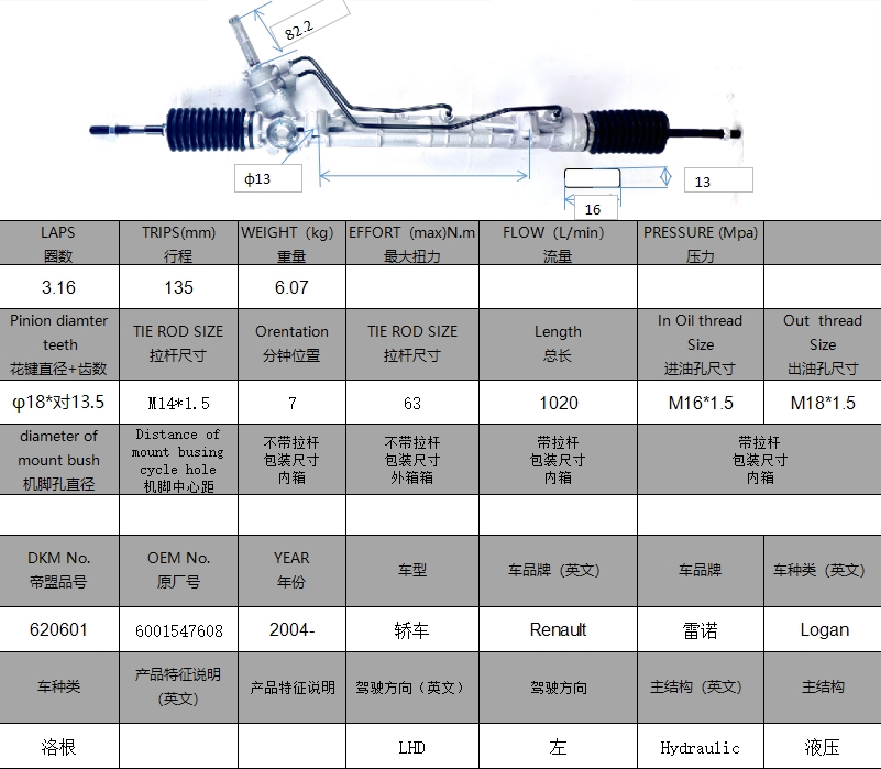 6001547608 RENAULT SANDERO LOGAN 1400 Hydraulic Power Steering Rack
