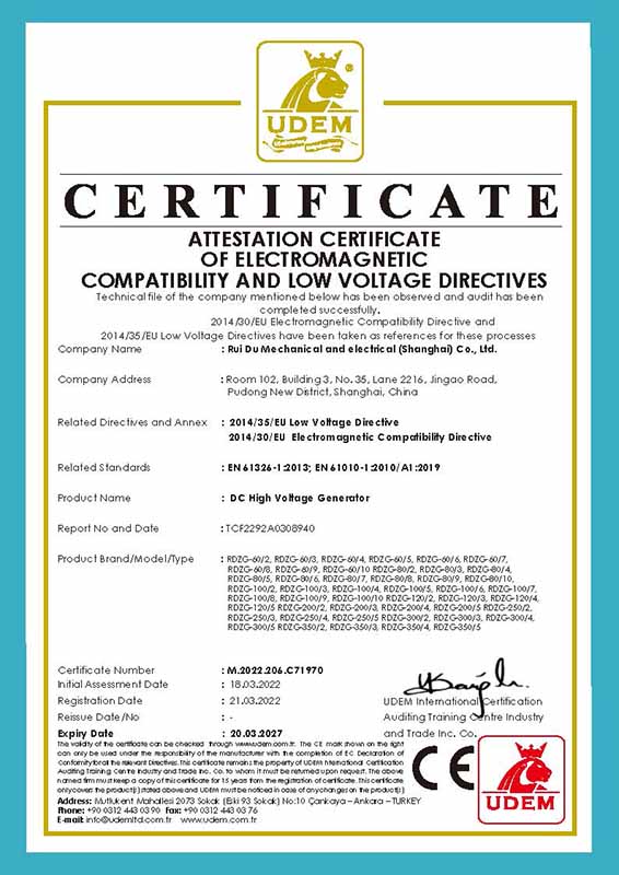 Certificado CE de Gerador de Alta Tensão DC