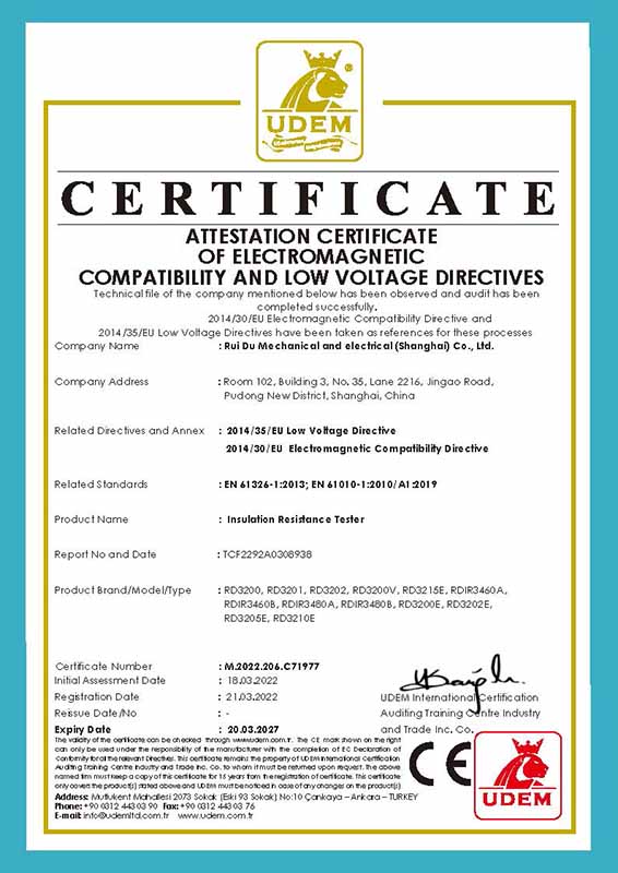 CE Certificate of Insulation Resistance Tester