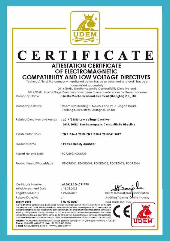 Certificado CE de Analisador de Qualidade de Energia