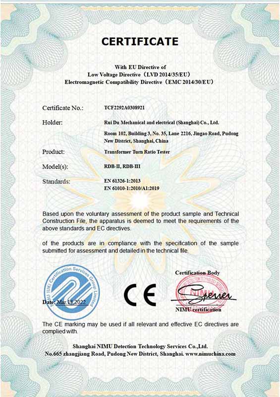Certificado CE del probador de relación de giro del transformador
