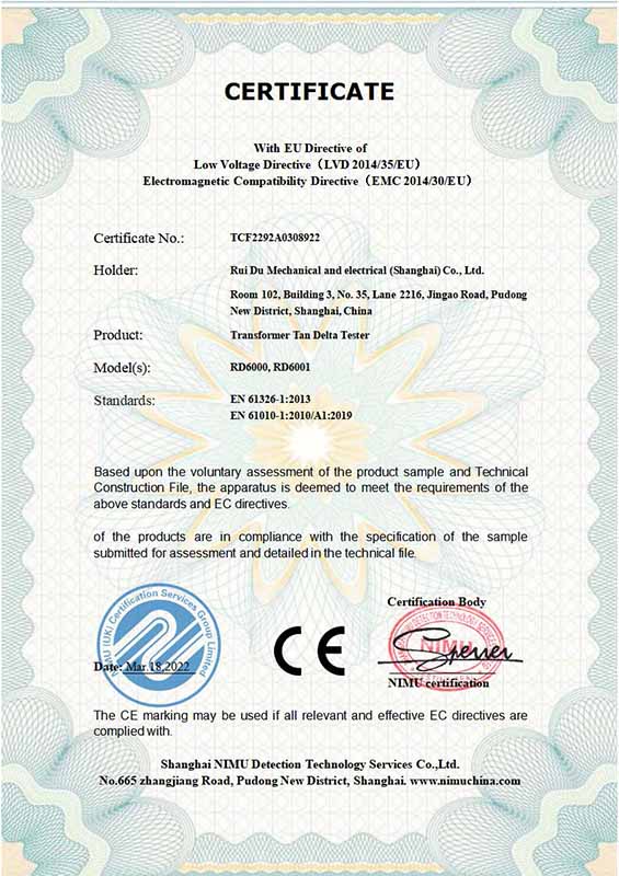 CE Certificate of Transformer Tan Delta Tester