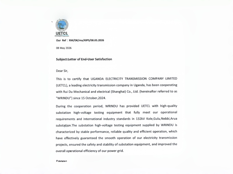 Wrindu has been cooperating with Uganda Electricity Transmission Company Limited (UETCL) since 2024, supplying high-voltage testing equipment for multiple 132kV substations including Kole, Gulu, Nebbi, and Arua. The equipment demonstrates stable performance, international compliance, and strong support for grid safety and substation reliability.