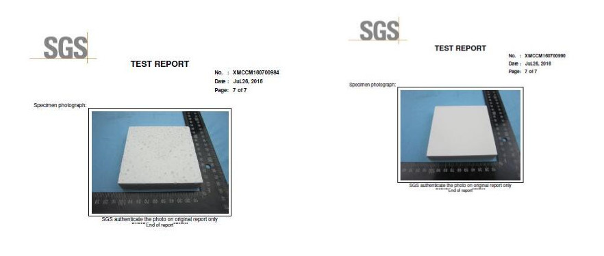 New Finished SGS Test Report of Our White Ice Quartz and Solid White Quartz