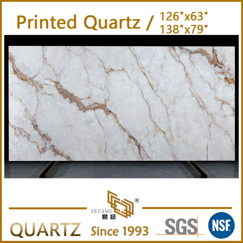 Golden Veins Withe Printed Quartz Slabs for Kitchen Countertop PQ0008