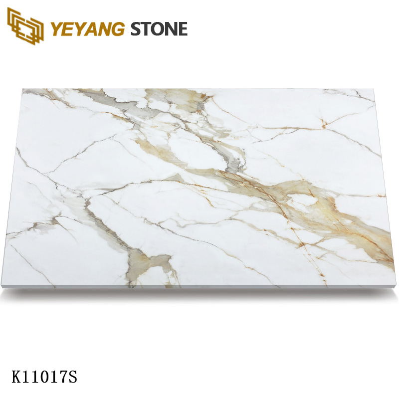 Luxury Marble Drift White Quartz Slab with Golden Veining K11017S