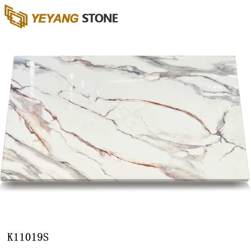 Calacatta White Quartz Slab with Flowing Grey Red Veins for Luxurious Spaces K11019S
