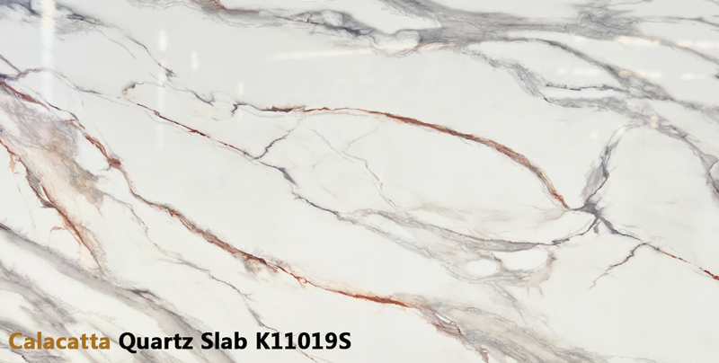 Calacatta White Quartz Slab with Flowing Grey Red Veins for Luxurious Spaces K11019S