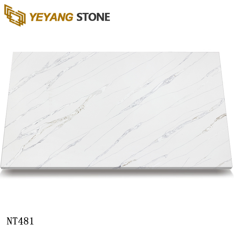 Glossy Gray Veined Quartz Slab for Elegant Kitchen Islands NT481