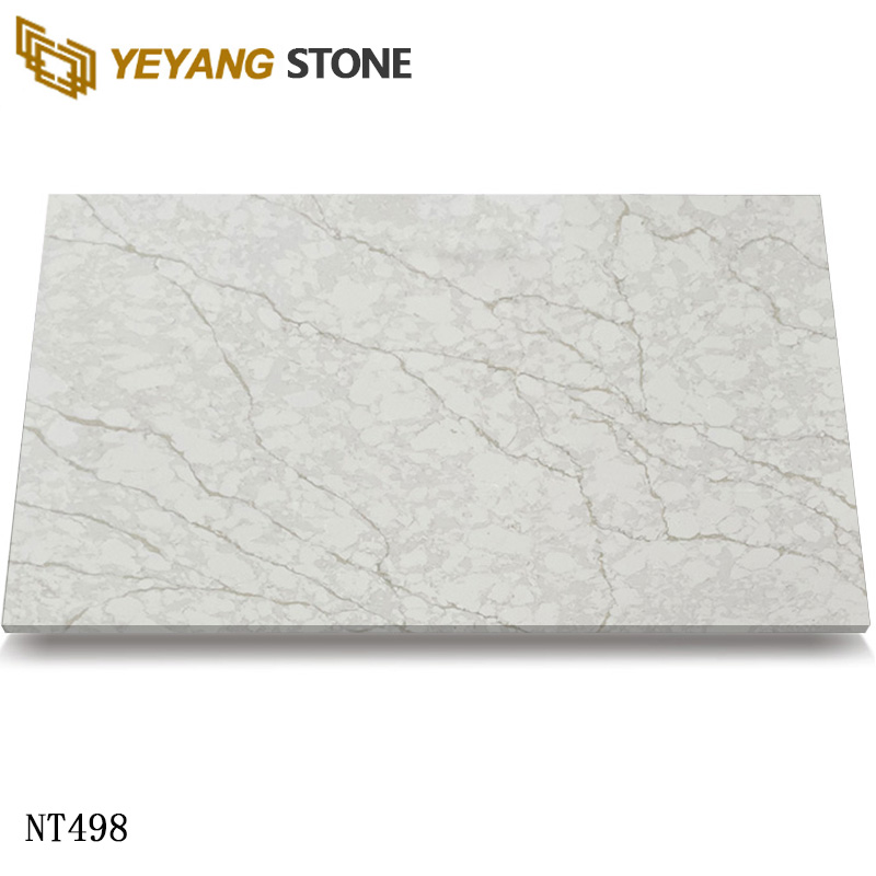 Beige Grey Calacatta Quartz Slab with Natural Veining NT498
